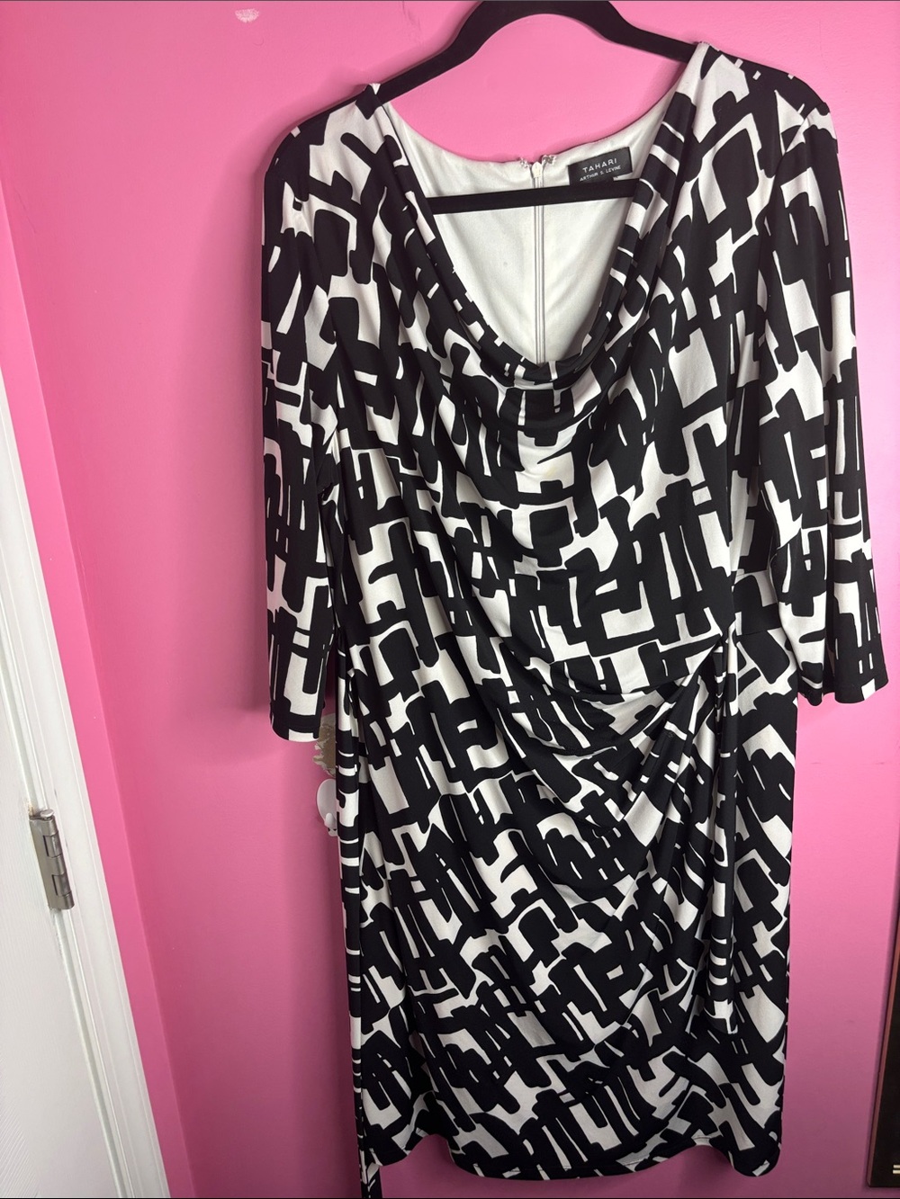 Tahari Arthur S Levine Abstract Geometric Faux Wrap Cowl Neck Dress